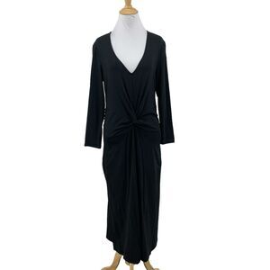 Lands End Maxi Dress Womens S Small Black Twist Front V Neck Long Sleeve Stretch